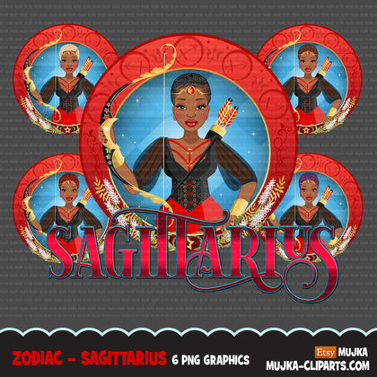 Zodiac Sagittarius Clipart, Png digital download, Sublimation Graphics for Cricut & Cameo, Black Woman Horoscope sign designs