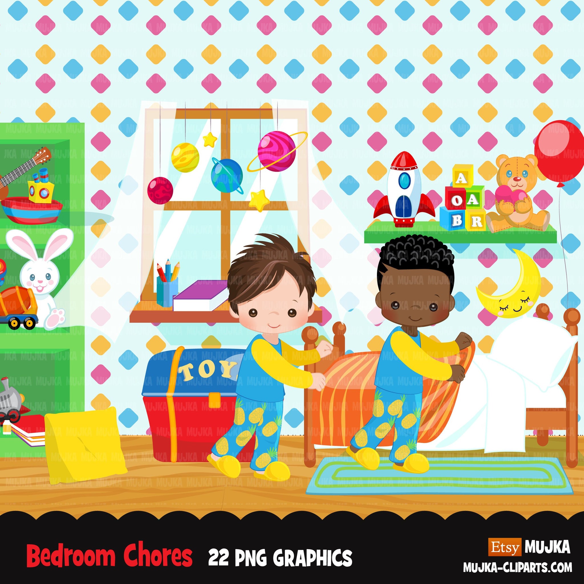 Chores Clipart, bedroom chores, making bed, children's room sublimation graphics, black boys PNG clip art
