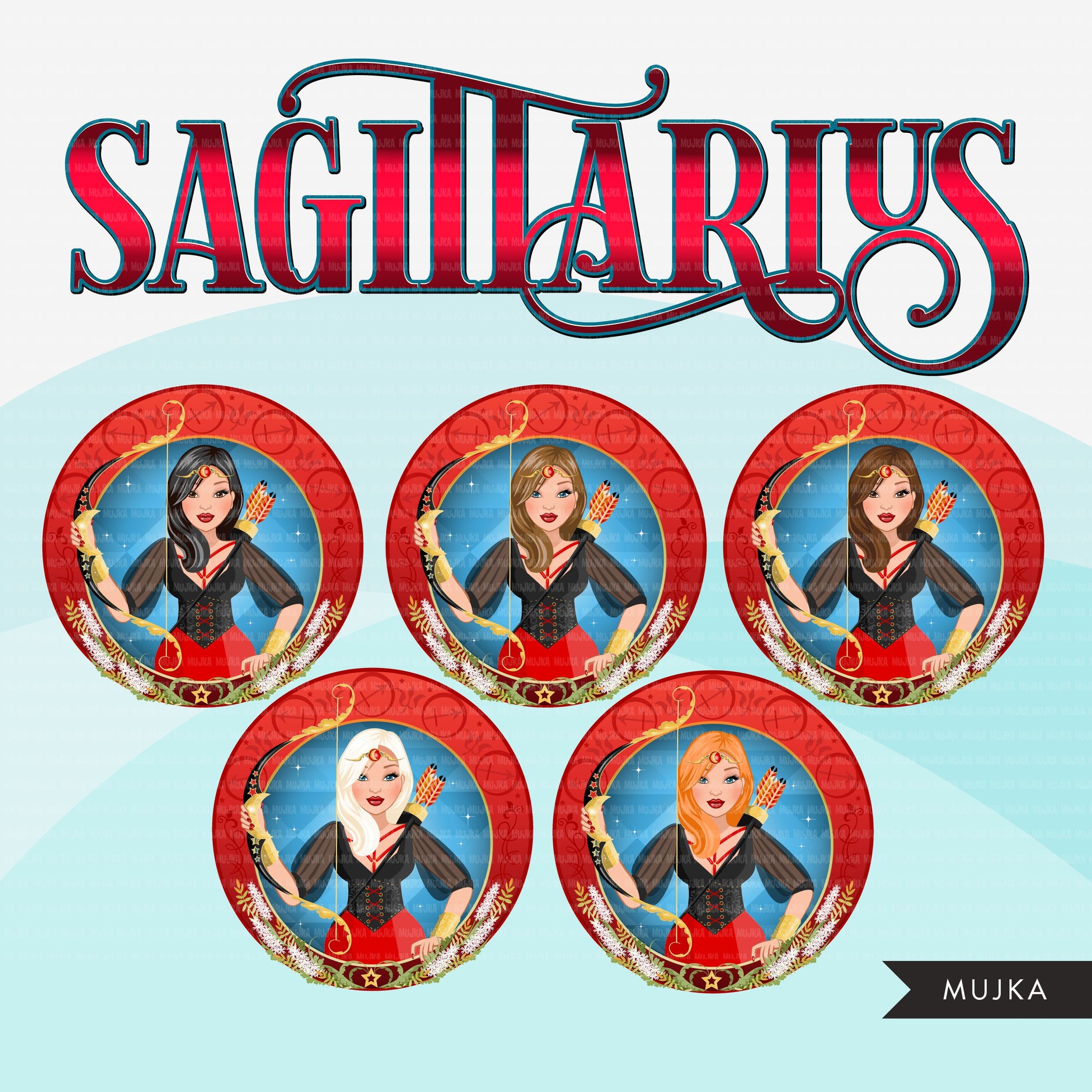 Zodiac Sagittarius Clipart, Png digital download, Sublimation Graphics for Cricut & Cameo, Caucasian wavy hair Woman Horoscope sign designs