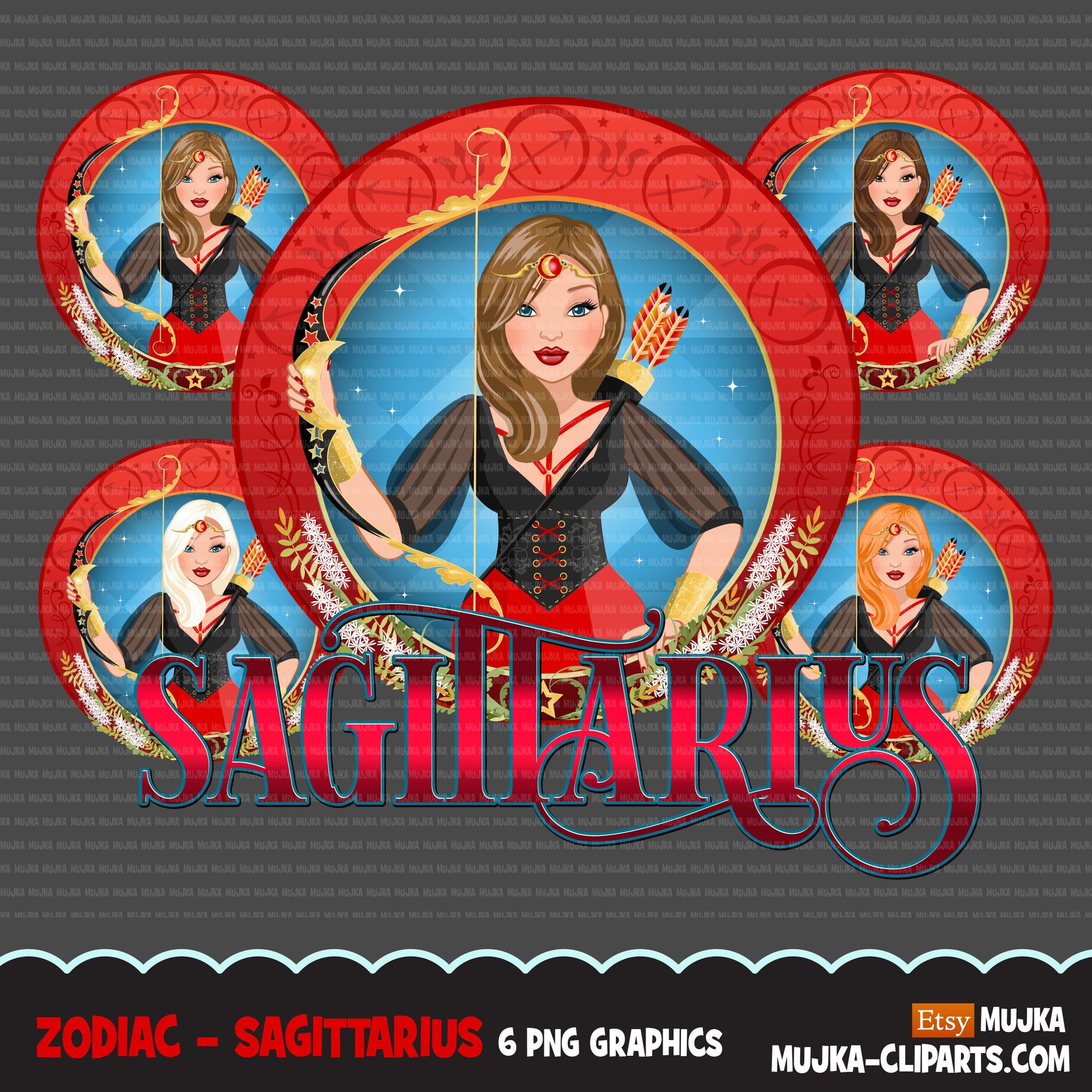 Zodiac Sagittarius Clipart, Png digital download, Sublimation Graphics for Cricut & Cameo, Caucasian wavy hair Woman Horoscope sign designs
