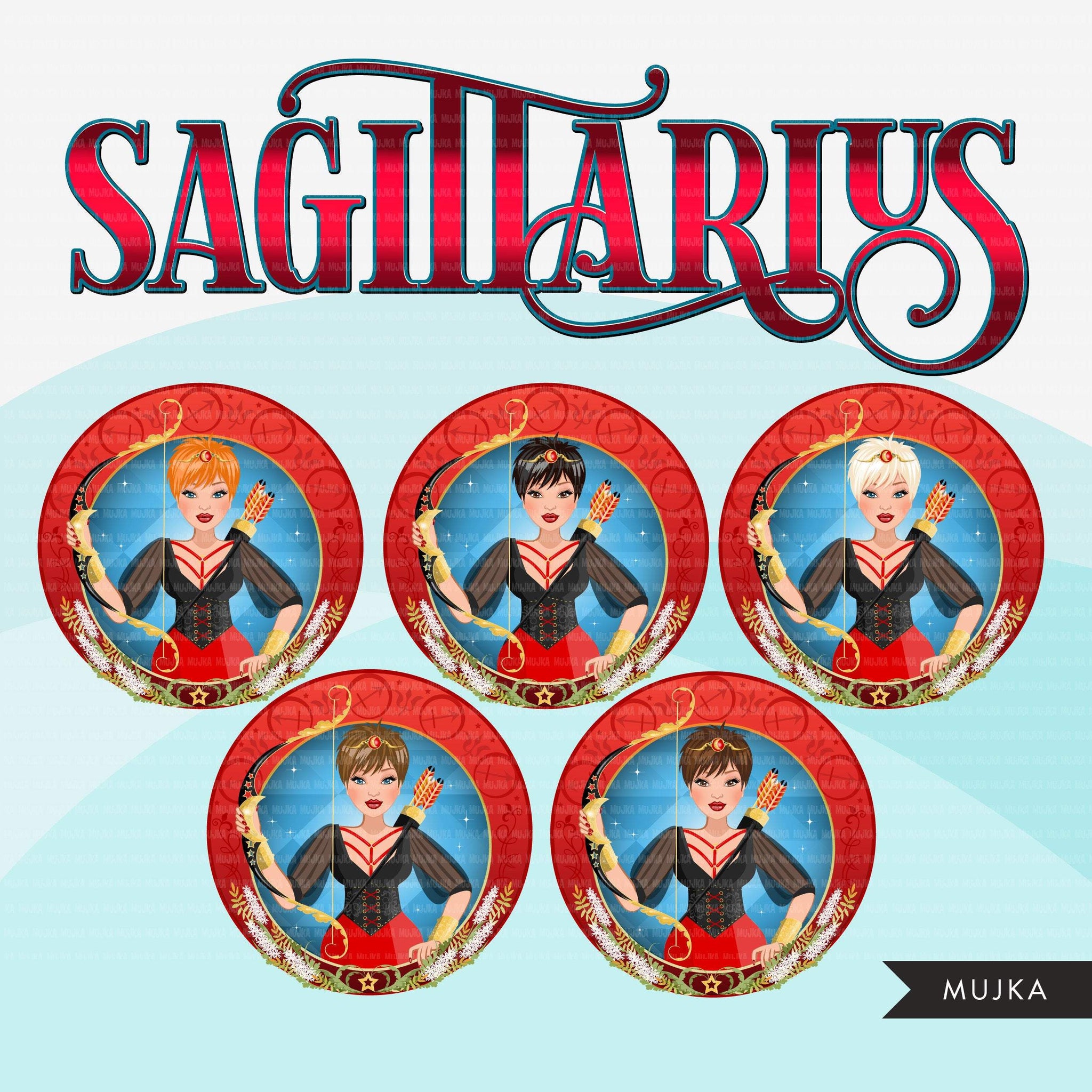 Zodiac Sagittarius Clipart, Png digital download, Sublimation Graphics for Cricut & Cameo, Caucasian pixie hair Woman Horoscope sign designs