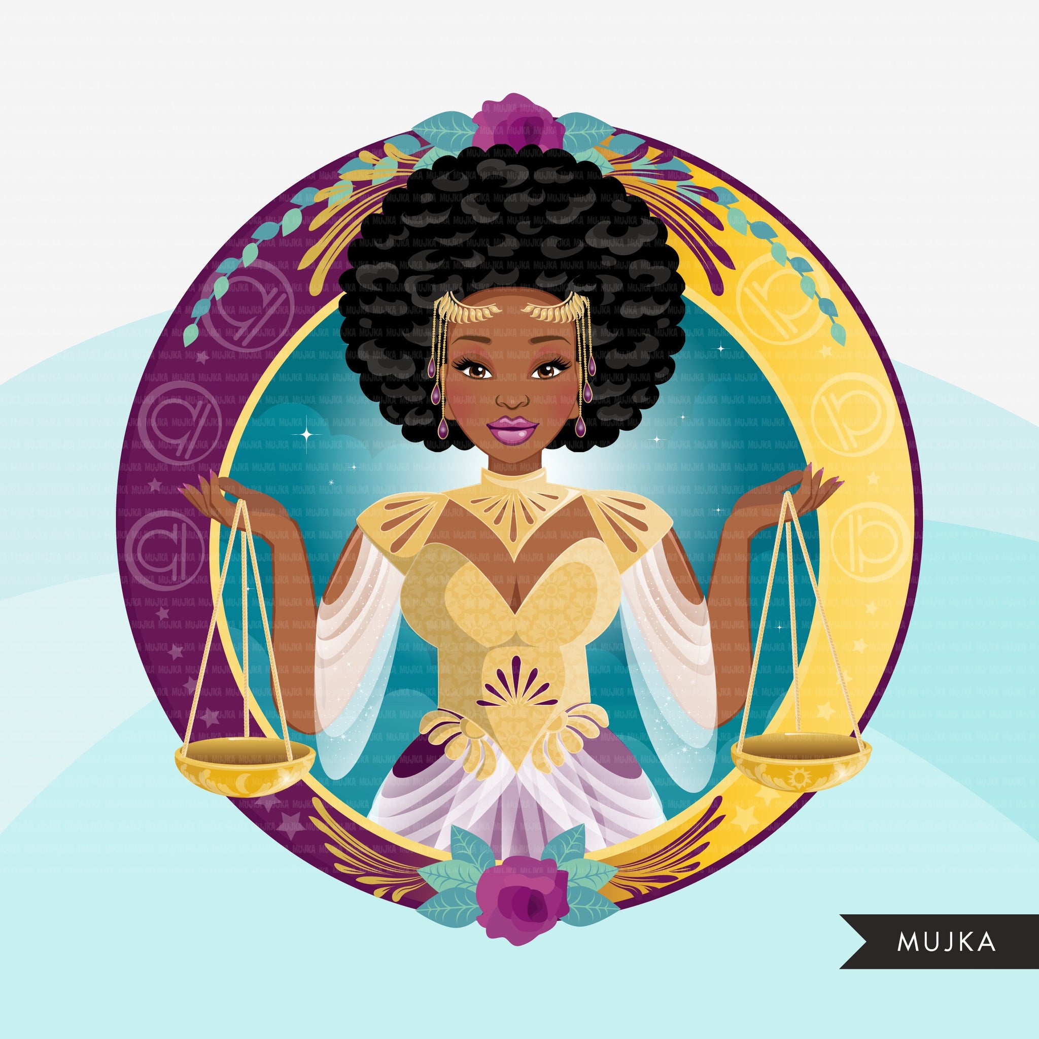 Zodiac Libra Clipart, Png digital download, Sublimation Graphics for Cricut & Cameo, Black Afro Woman Horoscope sign designs