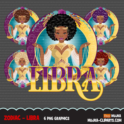 Zodiac Libra Clipart, Png digital download, Sublimation Graphics for Cricut & Cameo, Black Afro Woman Horoscope sign designs