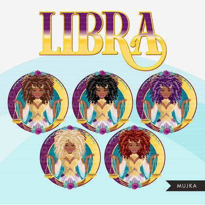 Zodiac Libra Clipart, download digital Png, gráficos de sublimação para Cricut e Cameo, cabelos pretos cacheados e designs de signos de horóscopo feminino