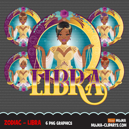 Zodíaco Libra Clipart, download digital Png, gráficos de sublimação para Cricut e Cameo, cabelo preto pixie designs de signos de horóscopo feminino