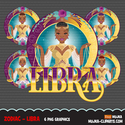 Zodíaco Libra Clipart, download digital Png, gráficos de sublimação para Cricut e Cameo, designs de signos do horóscopo da mulher negra