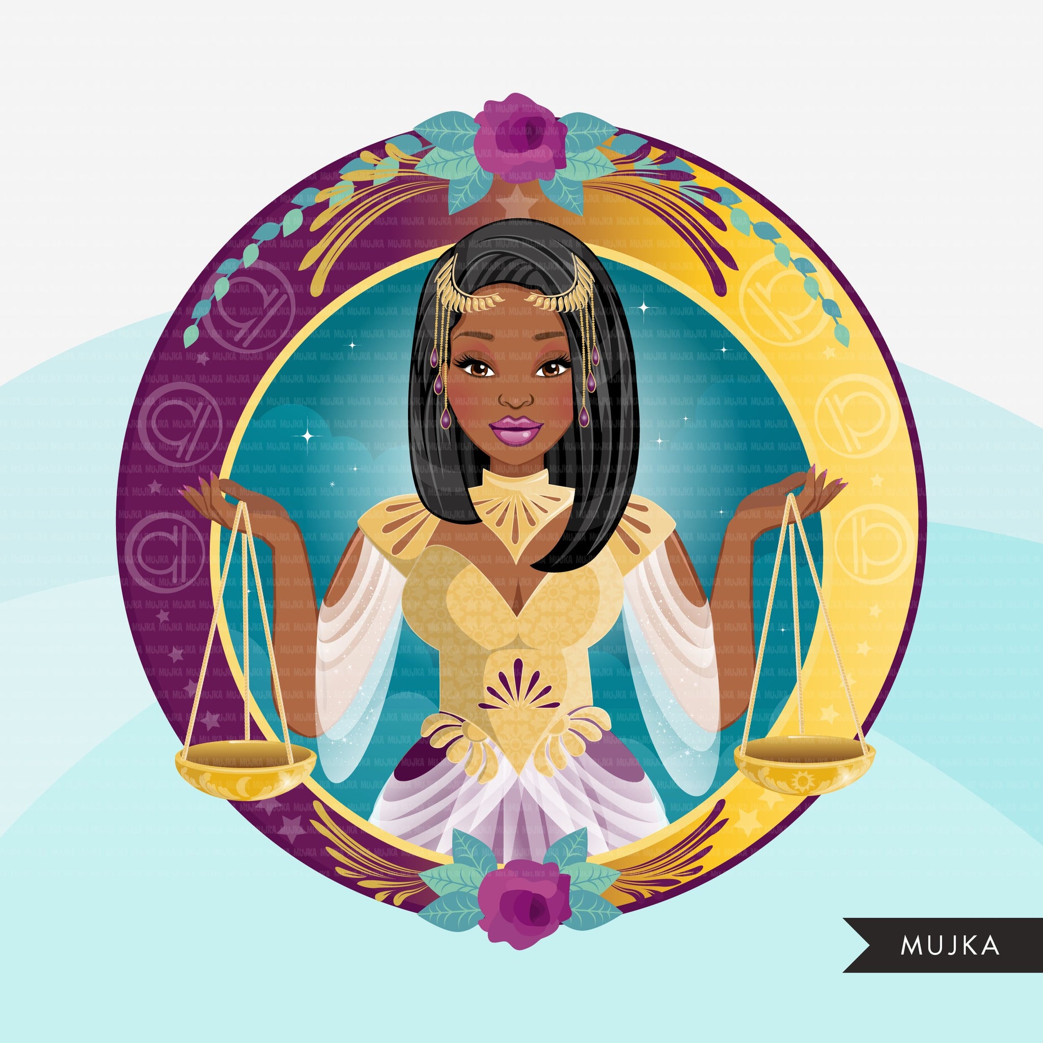 Zodiac Libra Clipart, Png digital download, Sublimation Graphics for Cricut & Cameo, Black Woman long hair Horoscope sign designs