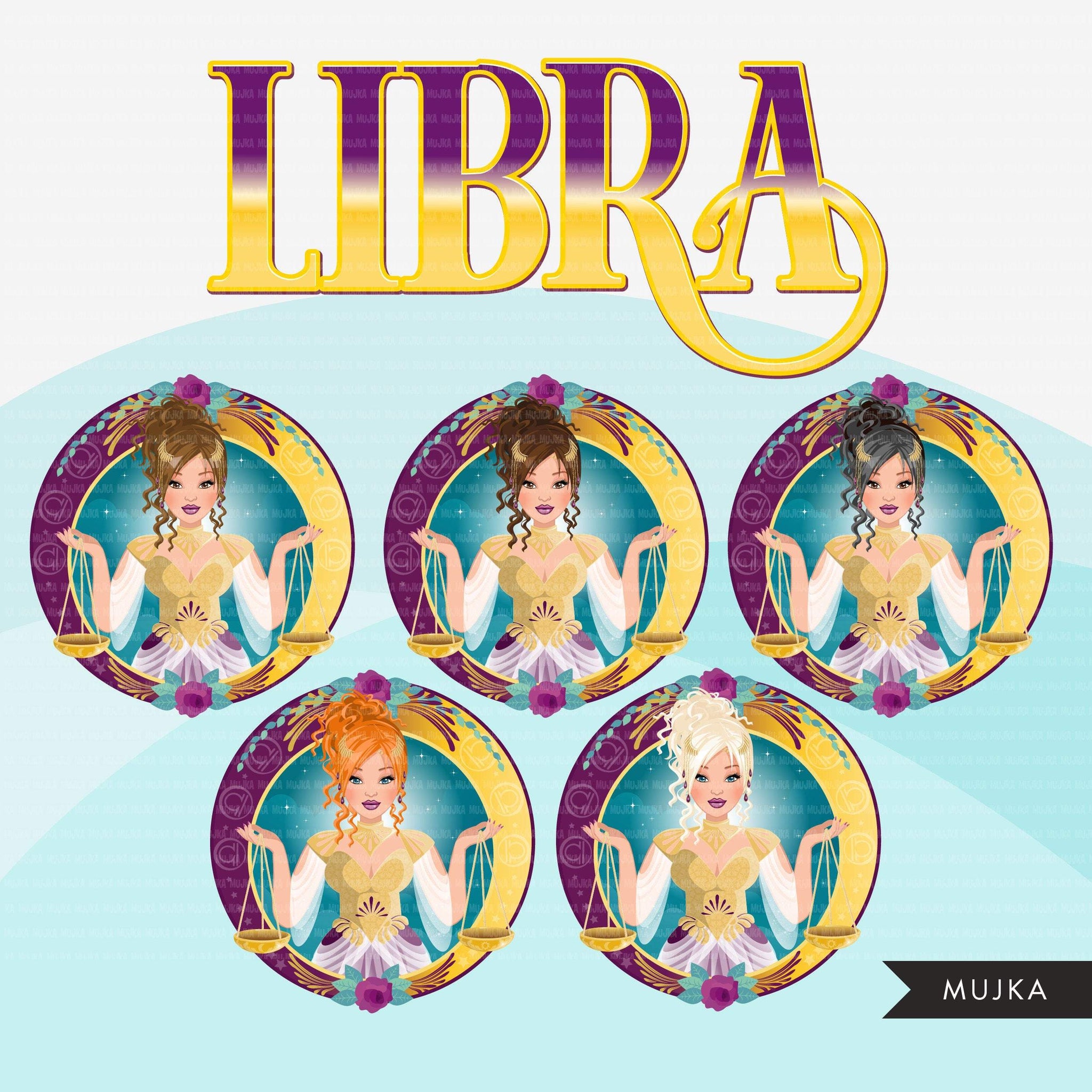 Zodíaco Libra Clipart, download digital Png, gráficos de sublimação para Cricut e Cameo, mulher caucasiana, coque bagunçado, designs de signos do horóscopo