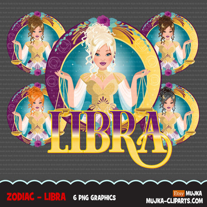 Zodíaco Libra Clipart, download digital Png, gráficos de sublimação para Cricut e Cameo, mulher caucasiana, coque bagunçado, designs de signos do horóscopo