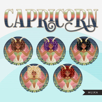 Zodíaco Capricórnio Clipart, download digital Png, gráficos de sublimação para Cricut e Cameo, cabelos pretos cacheados designs de signos de horóscopo de mulher