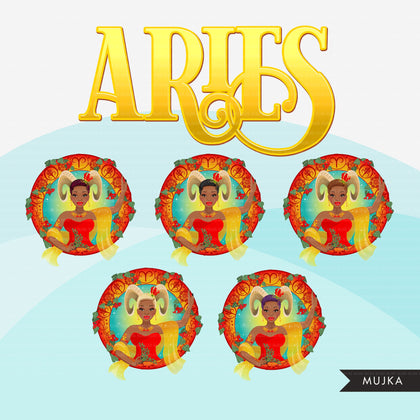 Clipart do Zodíaco Áries, download digital Png, gráficos de sublimação para Cricut e Cameo, designs de signos do horóscopo da mulher negra