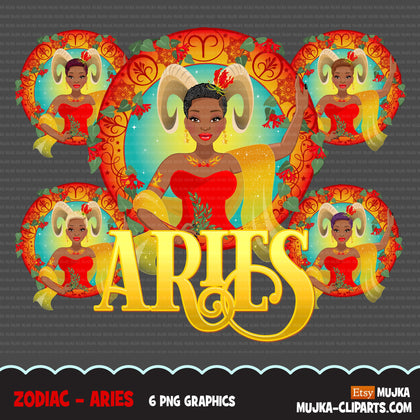 Clipart do Zodíaco Áries, download digital Png, gráficos de sublimação para Cricut e Cameo, designs de signos do horóscopo da mulher negra