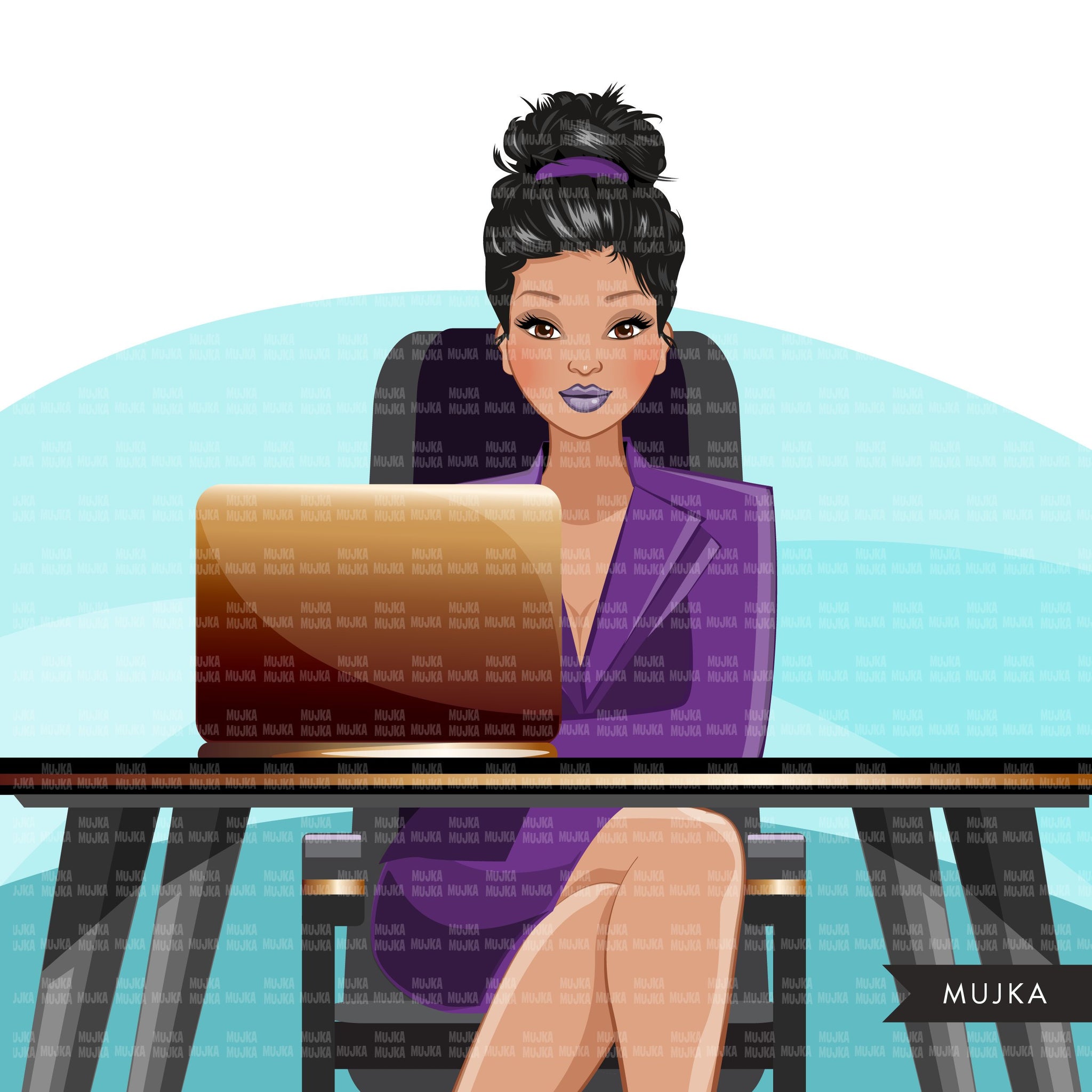 Fashion Graphics, Caucasian Business Woman with laptop, updo bun hair, Sublimation designs for Cricut & Cameo, commercial use PNG clipart