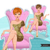 Fashion Graphics, Caucasian Woman pixie hair, gold glitter, pink throne, Sublimation designs for Cricut & Cameo, commercial use PNG clipart