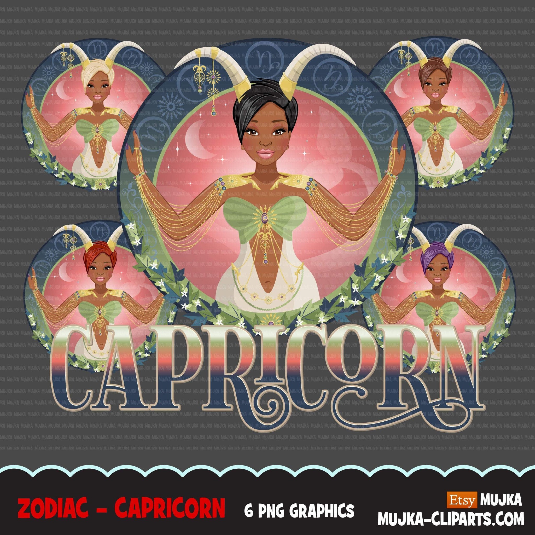 Zodiac Capricorn Clipart, Png digital download, Sublimation Graphics for Cricut & Cameo, Black pixie hair Woman Horoscope sign designs