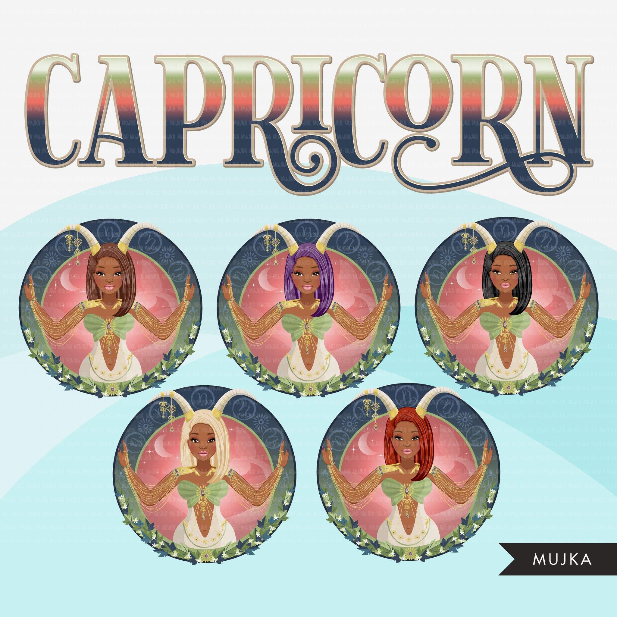 Zodiac Capricorn Clipart, Png digital download, Sublimation Graphics for Cricut & Cameo, Black Woman long hair Horoscope sign designs