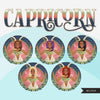 Zodiac Capricornio Clipart, Descarga digital Png, Gráficos de sublimación para Cricut &amp; Cameo, Diseños de signos del horóscopo de pelo largo de mujer negra