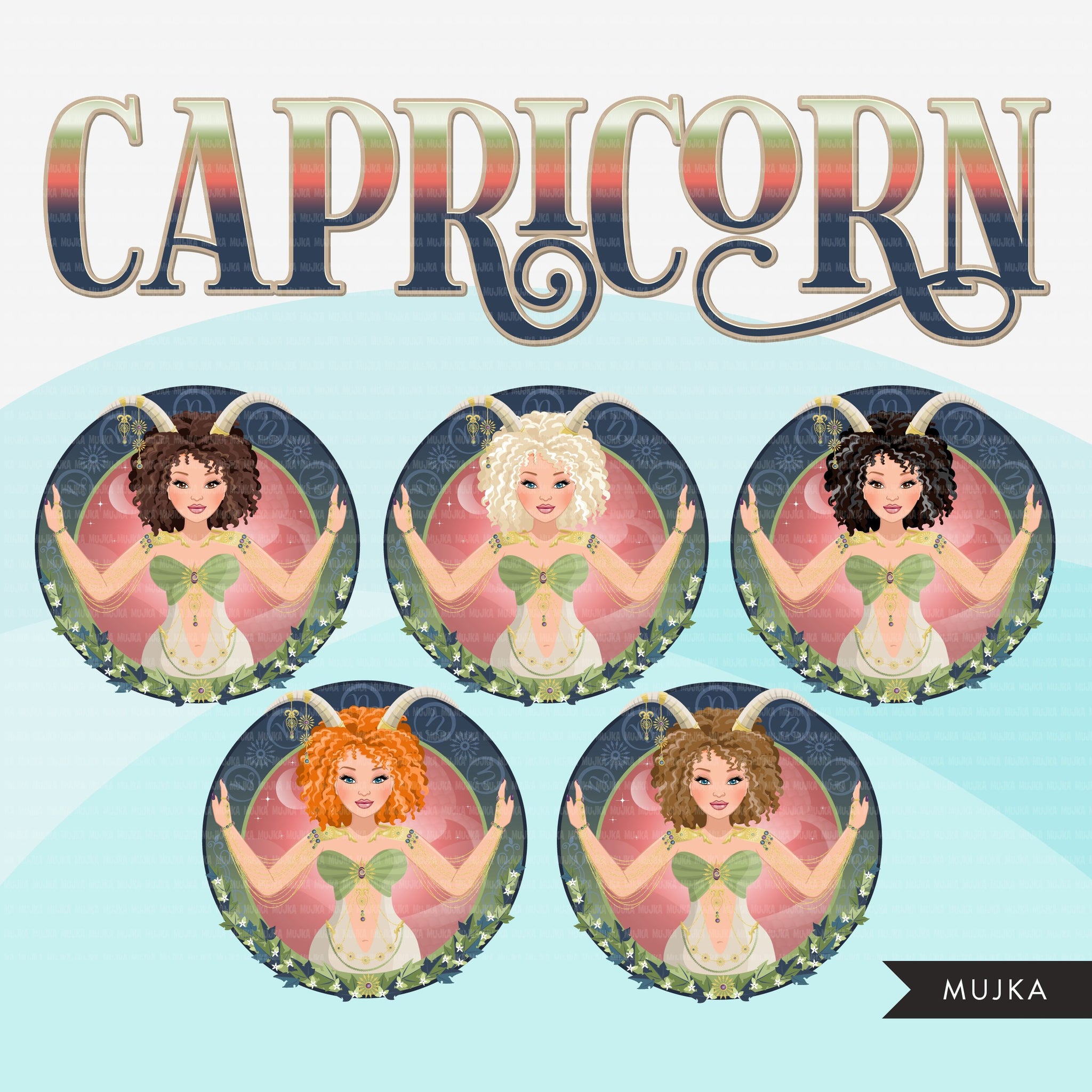 Zodiac Capricorn Clipart, Png digital download, Sublimation Graphics for Cricut & Cameo, Caucasian Woman Curly hair Horoscope sign designs