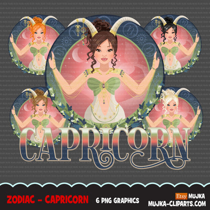 Zodiac Capricorn Clipart, Png digital download, Sublimation Graphics for Cricut & Cameo, Caucasian Woman messy bun Horoscope sign designs