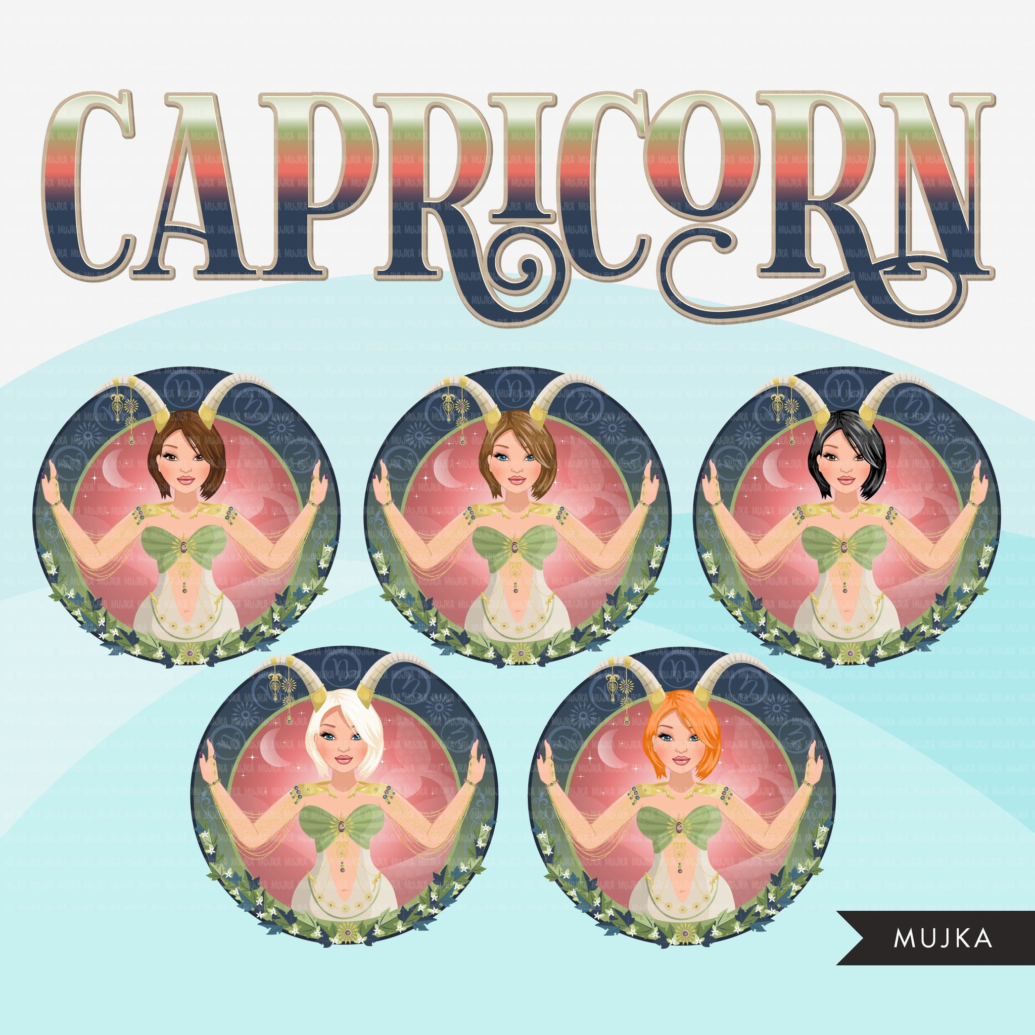Zodiac Capricorn Clipart, Png digital download, Sublimation Graphics for Cricut & Cameo, Caucasian Woman bob hair Horoscope sign designs
