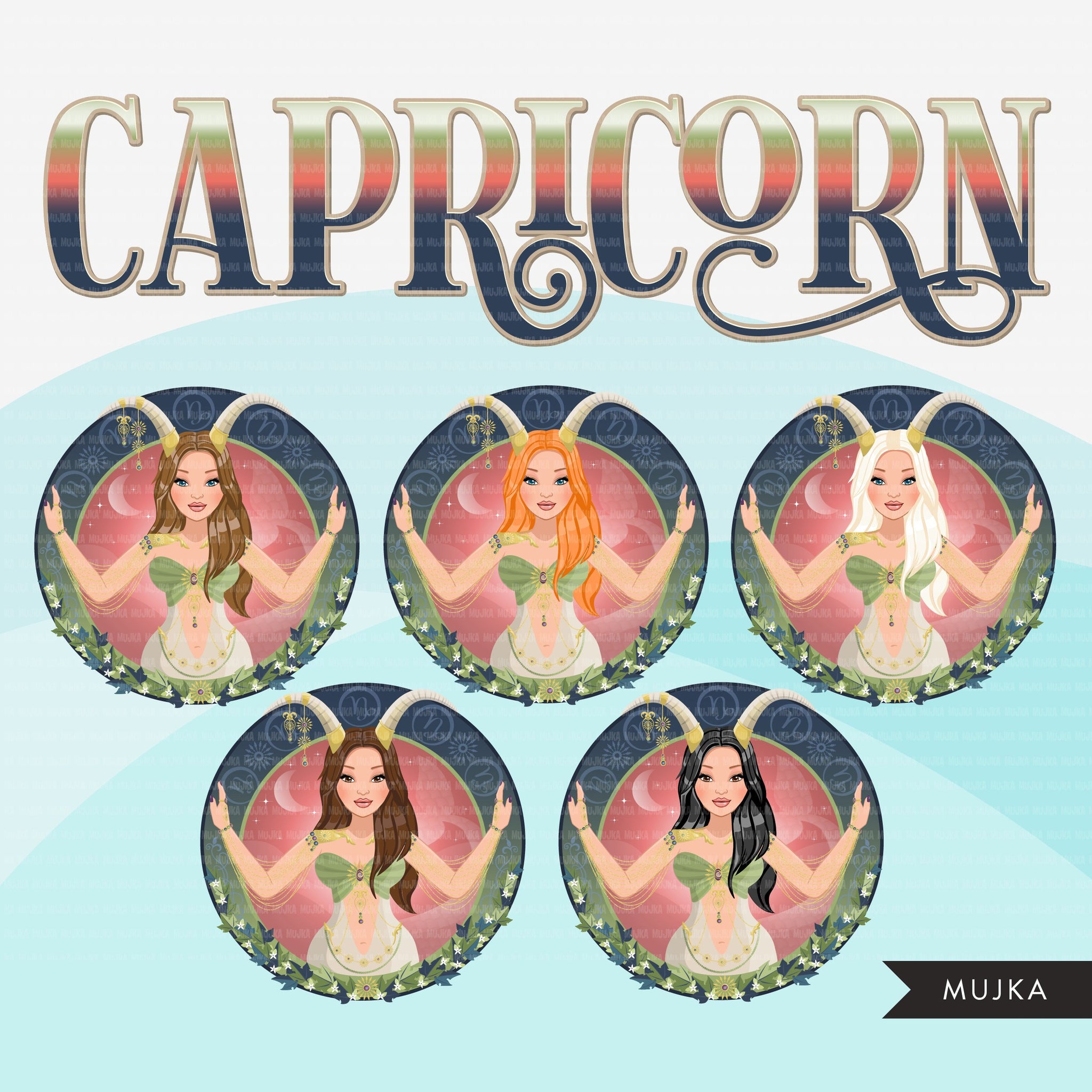 Zodiac Capricorn Clipart, Png digital download, Sublimation Graphics for Cricut & Cameo, Caucasian Woman long hair Horoscope sign designs