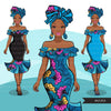 Ankara Fashion Graphics, Floral African dress, black woman Sublimation designs for Cricut & Cameo, commercial use PNG clipart