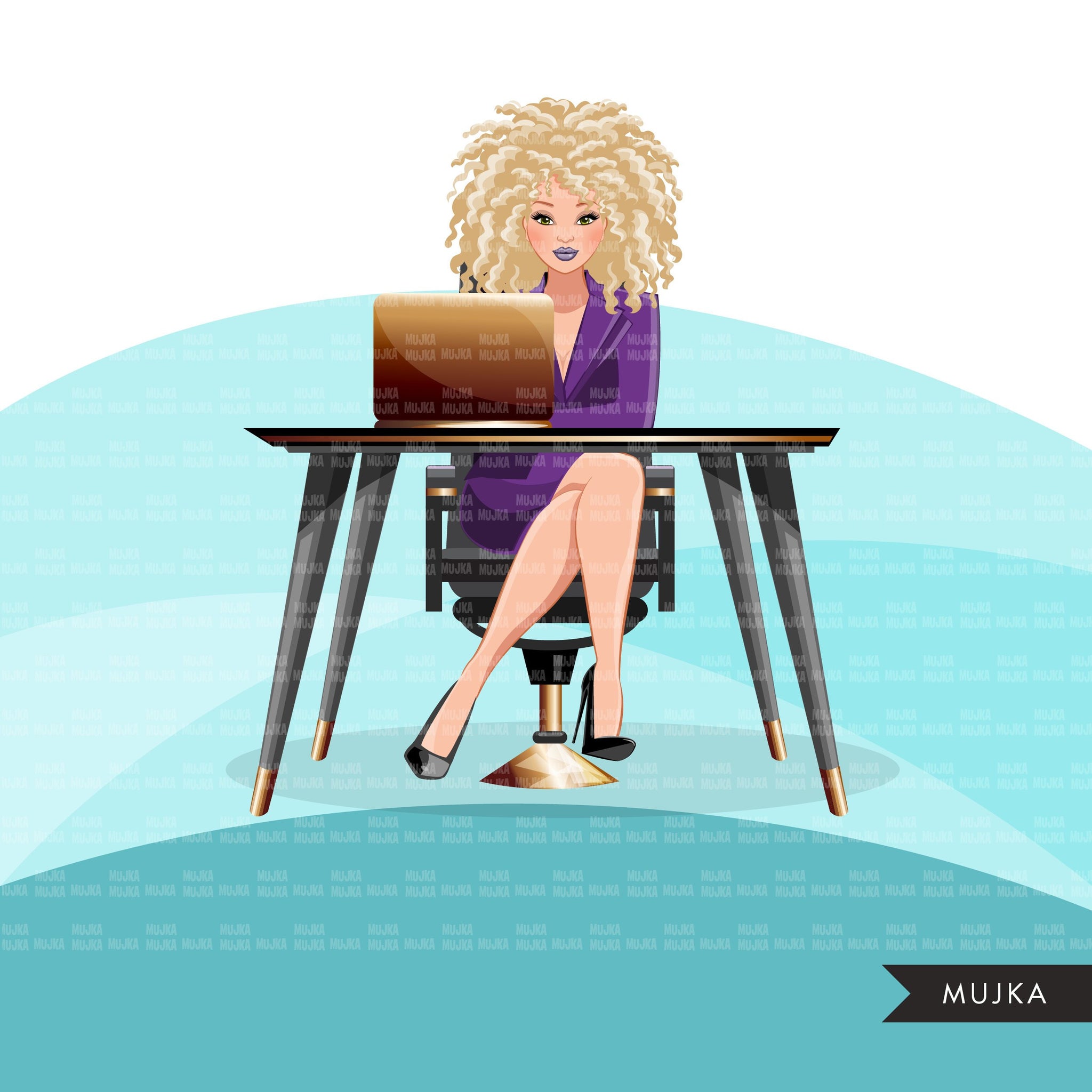Fashion Graphics, Caucasian Business Woman with laptop, curly hair, Sublimation designs for Cricut & Cameo, commercial use PNG clipart