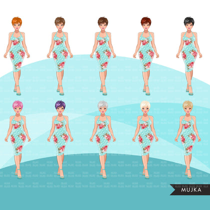 Fashion Graphics, Caucasian Woman vintage rose dress pixie hair, Sublimation designs for Cricut & Cameo, commercial use PNG clipart