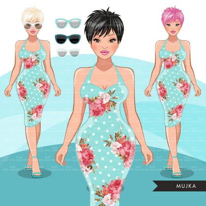 Fashion Graphics, Caucasian Woman vintage rose dress pixie hair, Sublimation designs for Cricut & Cameo, commercial use PNG clipart