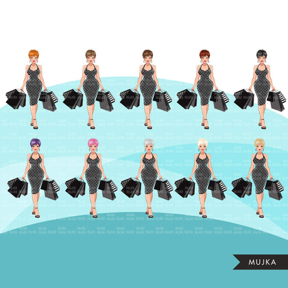Fashion Graphics, Caucasian Woman shopping dress pixie hair, Sublimation designs for Cricut & Cameo, commercial use PNG clipart