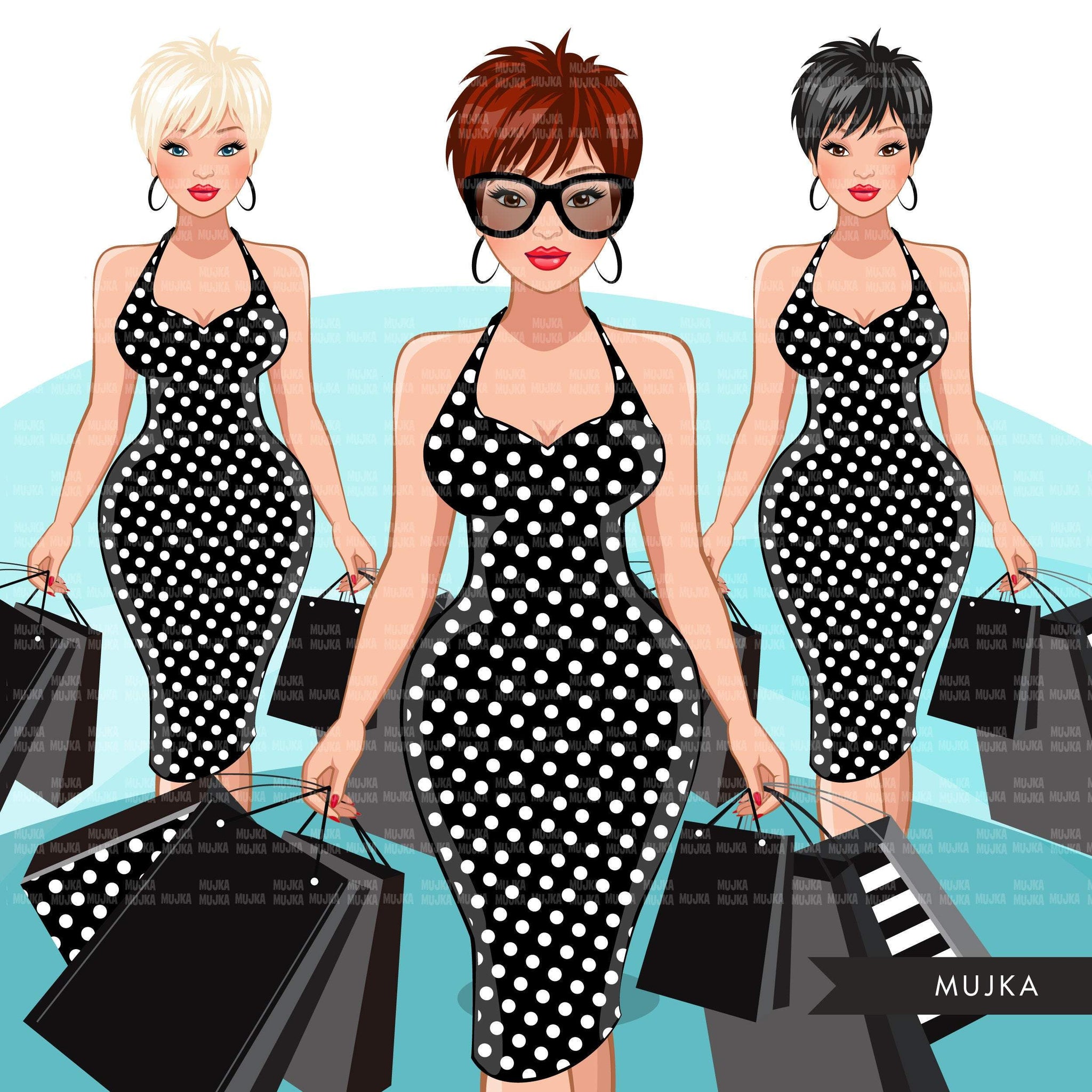 Fashion Graphics, Caucasian Woman shopping dress pixie hair, Sublimation designs for Cricut & Cameo, commercial use PNG clipart