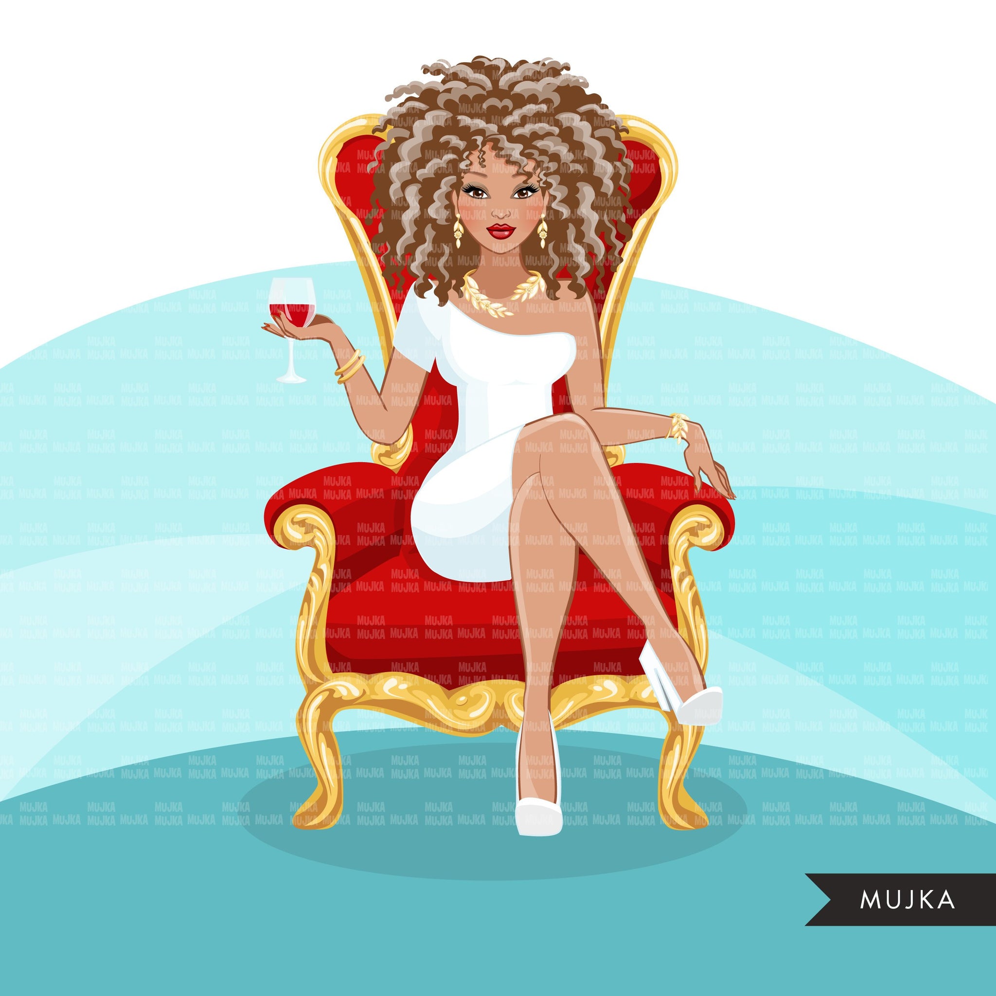 Fashion Graphics, Caucasian Woman curly hair red throne, Sublimation designs for Cricut & Cameo, commercial use PNG clipart