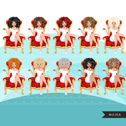 Fashion Graphics, Caucasian Woman curly hair red throne, Sublimation designs for Cricut & Cameo, commercial use PNG clipart