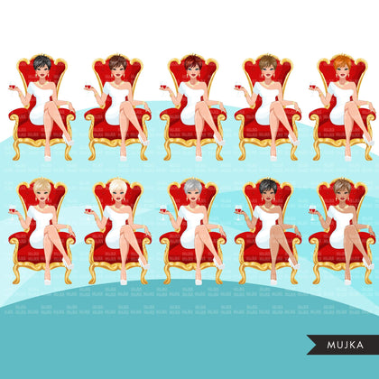 Fashion Graphics, Caucasian Woman pixie hair red throne, Sublimation designs for Cricut & Cameo, commercial use PNG clipart