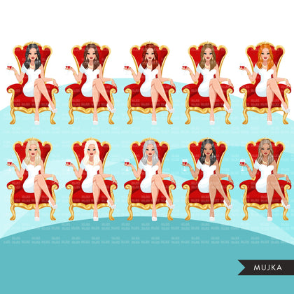 Fashion Graphics, Caucasian Woman long hair red throne, Sublimation designs for Cricut & Cameo, commercial use PNG clipart