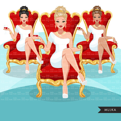 Fashion Graphics, Caucasian Woman updo hair red throne, Sublimation designs for Cricut & Cameo, commercial use PNG clipart