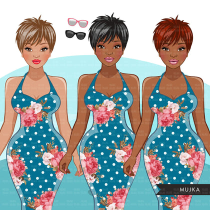 Fashion Graphics, Black Woman vintage rose dress pixie hair, Sublimation designs for Cricut & Cameo, commercial use PNG clipart