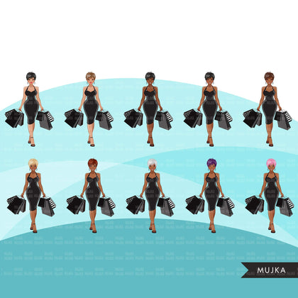 Fashion Graphics, Black Woman shopping pixie hair, Sublimation designs for Cricut & Cameo, commercial use PNG clipart