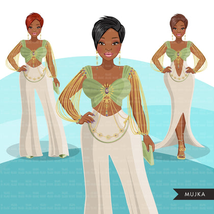 Fashion Graphics, Black Woman Green Cocktail dress, pixie hair, Sublimation designs for Cricut & Cameo, commercial use PNG clipart
