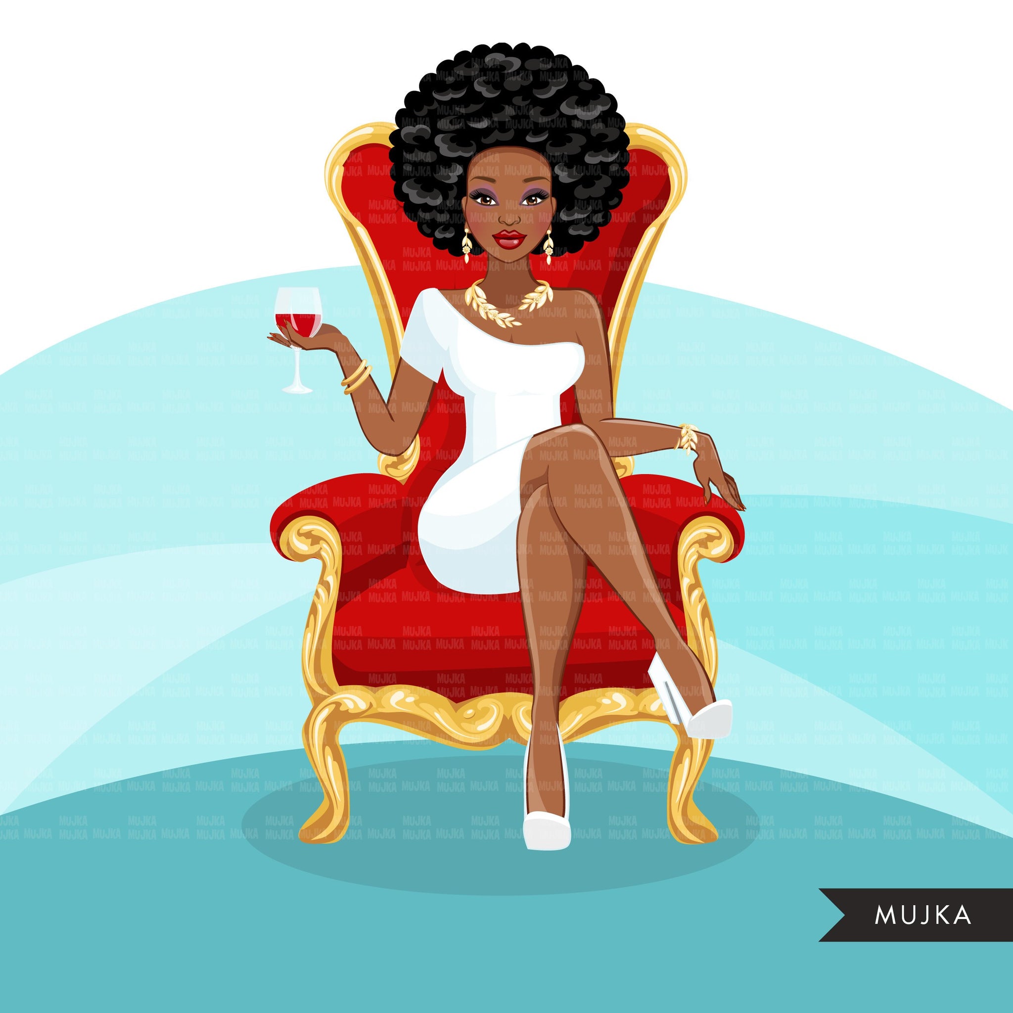 Fashion Graphics, Black Woman afro hair red throne, Sublimation designs for Cricut & Cameo, commercial use PNG clipart