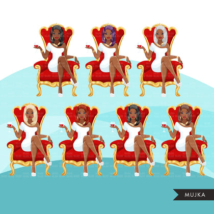 Fashion Graphics, Black Woman bob cut hair red throne, Sublimation designs for Cricut & Cameo, commercial use PNG clipart