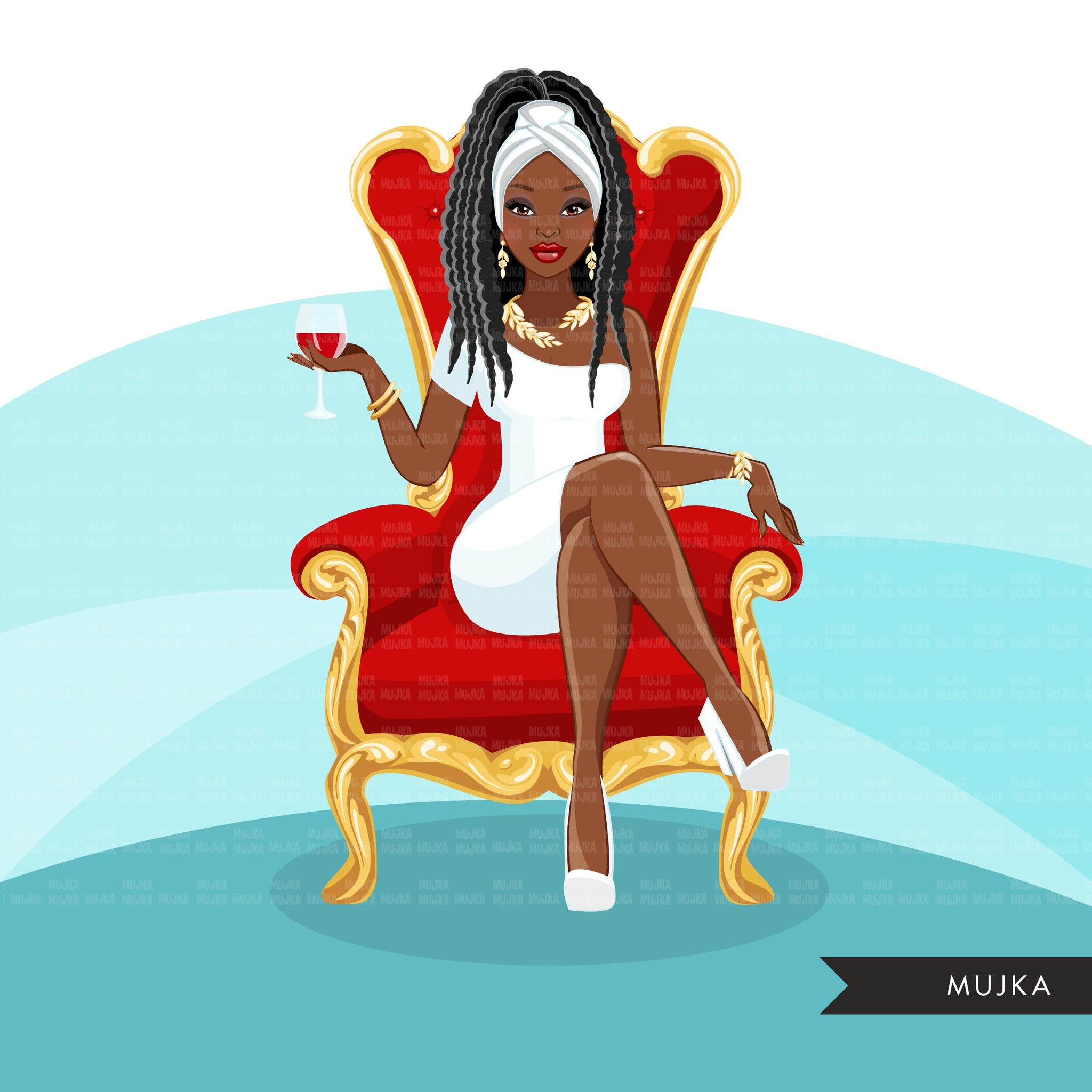 Fashion Graphics, Black Woman braids hair red throne, Sublimation designs for Cricut & Cameo, commercial use PNG clipart