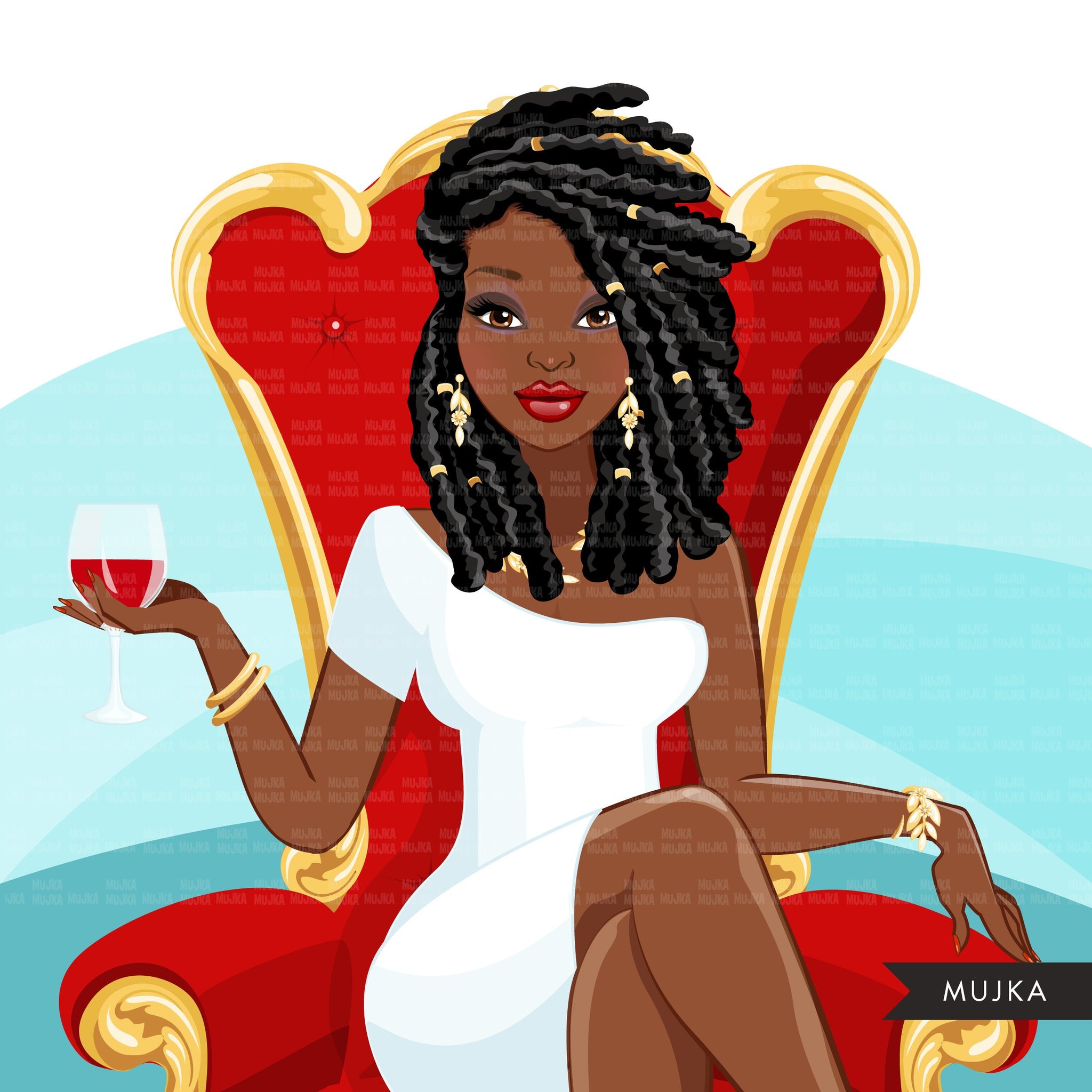 Fashion Graphics, Black Woman dreads braids hair red throne, Sublimation designs for Cricut & Cameo, commercial use PNG clipart