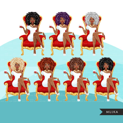 Fashion Graphics, Black Woman curly hair red throne, Sublimation designs for Cricut & Cameo, commercial use PNG clipart