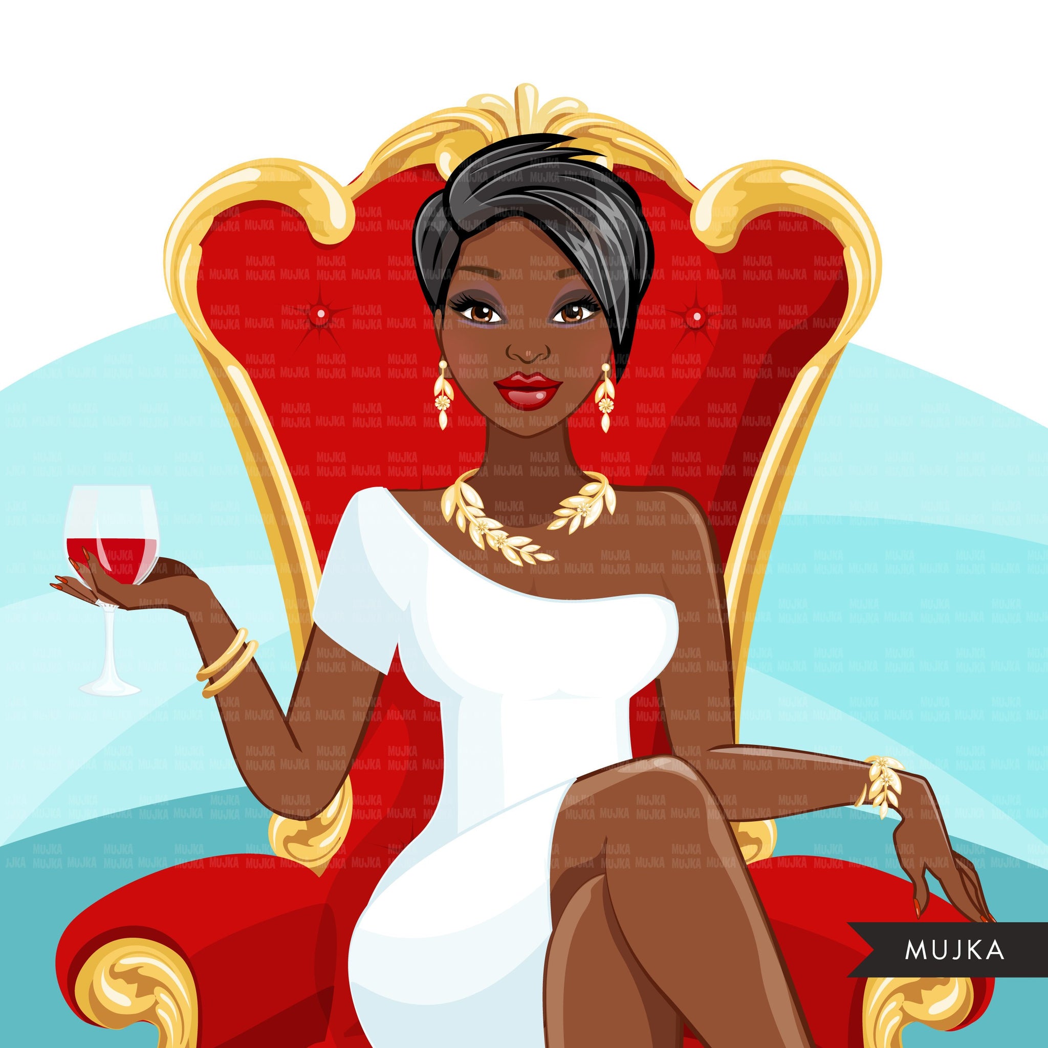 Fashion Graphics, Black Woman pixie hair red throne, Sublimation designs for Cricut & Cameo, commercial use PNG clipart