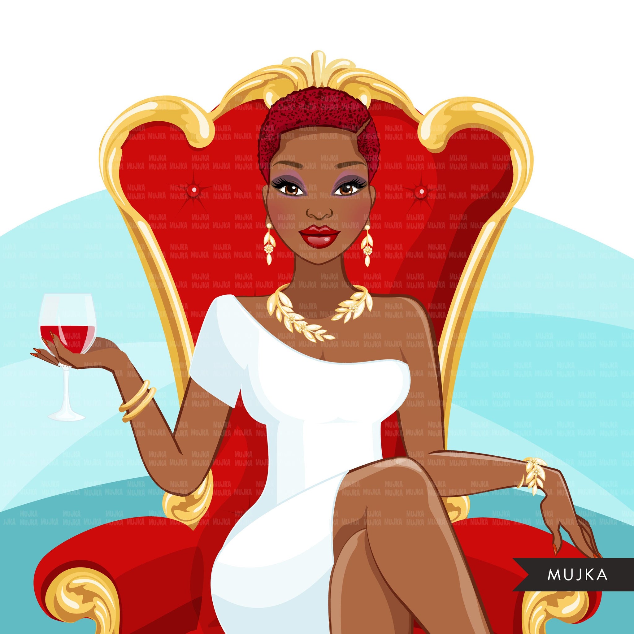 Fashion Graphics, Black Woman short hair red throne, Sublimation designs for Cricut & Cameo, commercial use PNG clipart