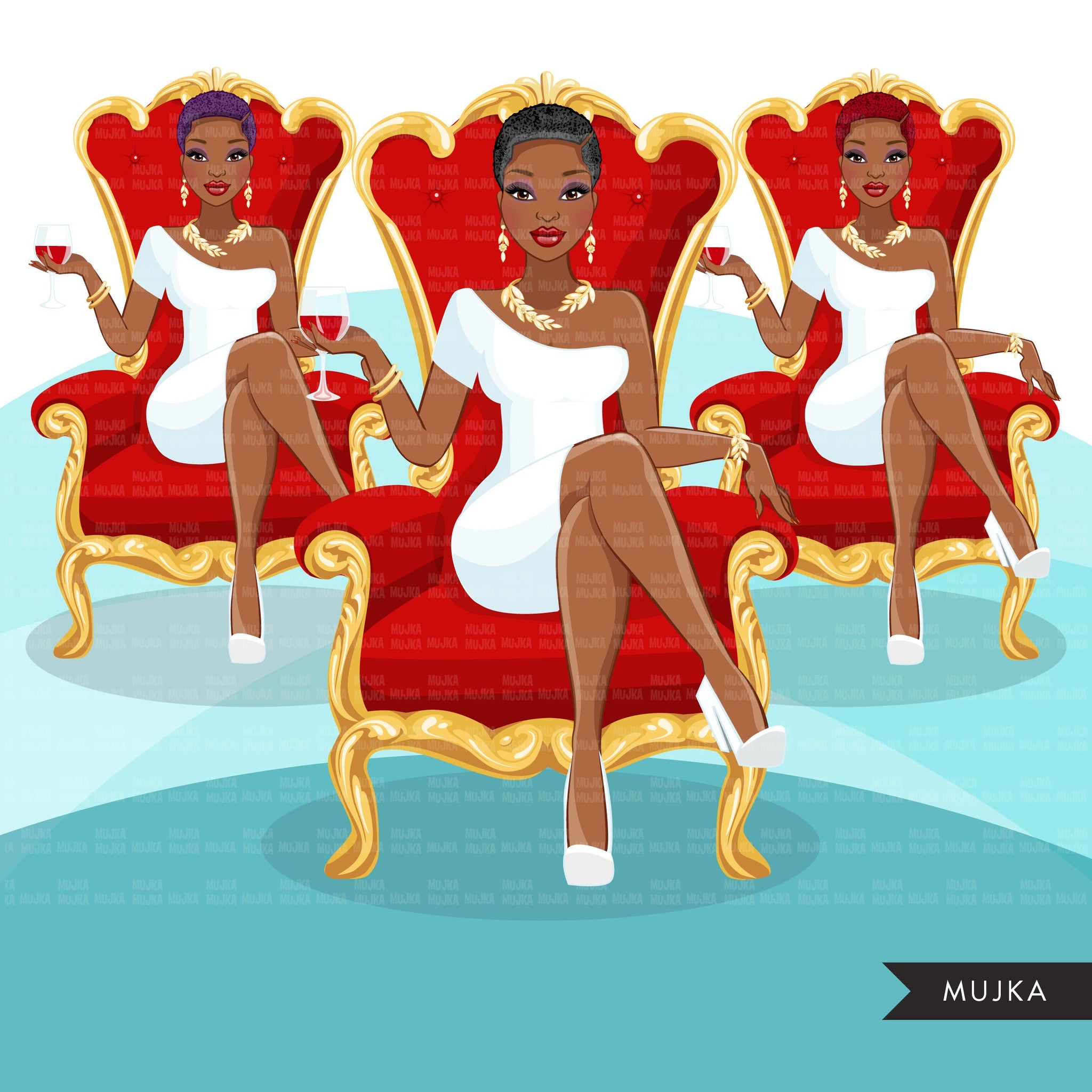 Fashion Graphics, Black Woman short hair red throne, Sublimation designs for Cricut & Cameo, commercial use PNG clipart