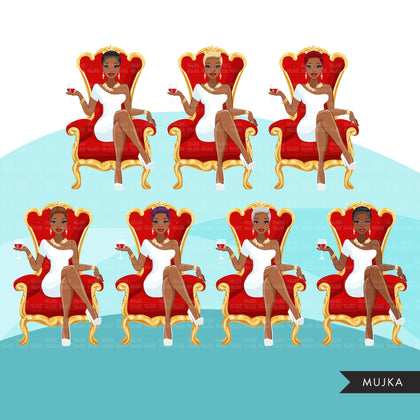 Fashion Graphics, Black Woman short hair red throne, Sublimation designs for Cricut & Cameo, commercial use PNG clipart