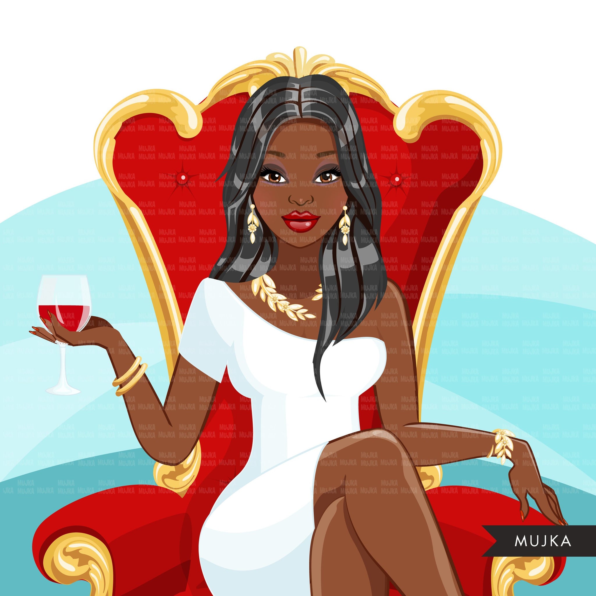 Fashion Graphics, Black Woman long hair red throne, Sublimation designs for Cricut & Cameo, commercial use PNG clipart