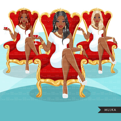 Fashion Graphics, Black Woman long hair red throne, Sublimation designs for Cricut & Cameo, commercial use PNG clipart
